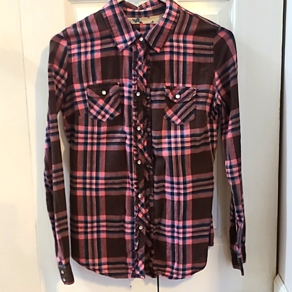 Arizona Juniors size Small pink and brown western style button up shirt.